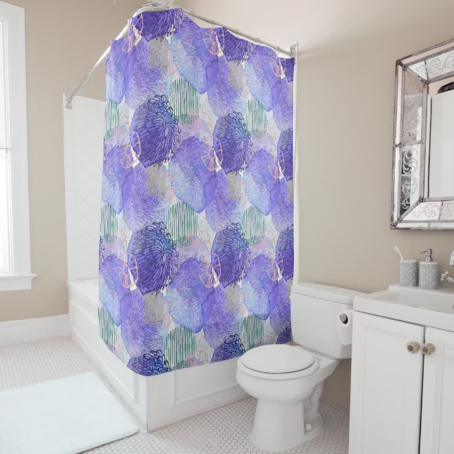 Rideaux De Douche Art abstrait moderne bleu et violet (En situation)