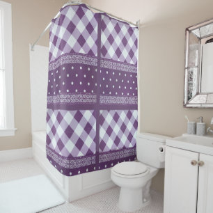 Rideaux De Douche Art damassé floral à pois à carreaux blancs violet