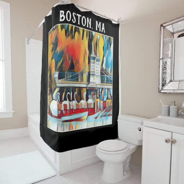 Rideaux De Douche Art Déco Boston Swan Boats sur arrière - plan noir (En situation)