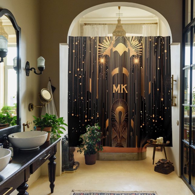Rideaux De Douche Art Déco Gold Rain Art égyptien Noir Monogramme (Opulent black with gold rain Art Deco curtain with futuristic twist and your initial or monogram )