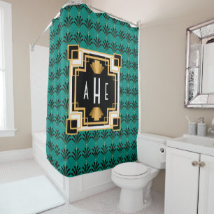 Rideaux De Douche Art Déco Monogramme Palmettos Vintage en Turquoise