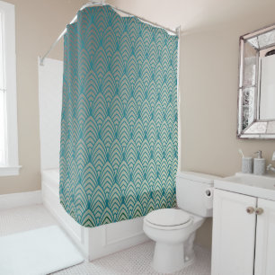 Rideaux De Douche Art déco, motif ventilateur, turquoise, blanc, mo