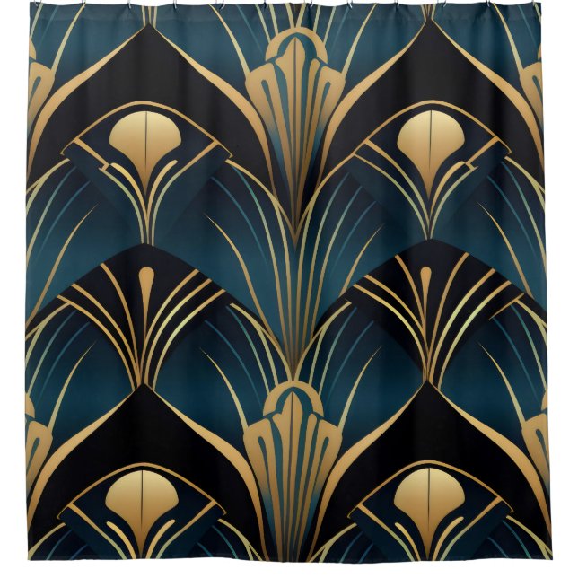 Rideaux De Douche Art Déco Noir Bleu et Or symétrique (Devant)