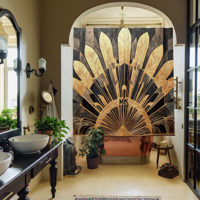 Rideaux De Douche Art Déco Or Noir Votre Monogramme Sunburst Motif (Classy Art Deco black and gold shower curtains with your personal initial or monogram)