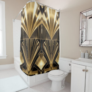 Rideaux De Douche Art Déco Soleil Éclaté Noir Or Géométrique Luxe