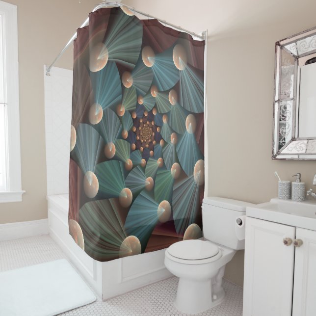 Rideaux De Douche Art Fractal Abstrait Avec Profondeur Bleu Brown Ar (En situation)