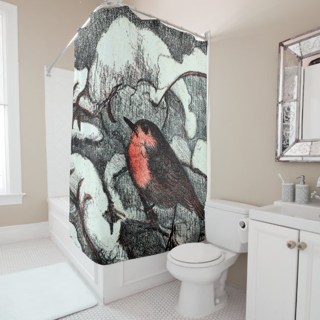 Rideaux De Douche Art nouveau néerlandais Robin Bird en hiver (En situation)