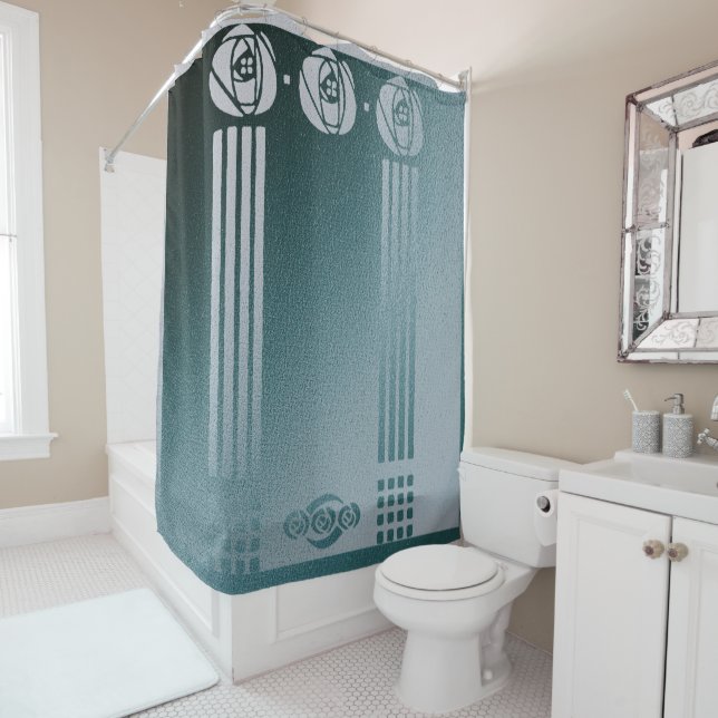 Rideaux De Douche Art nouveau turquoise, Ronnie C Mackintosh, design (En situation)