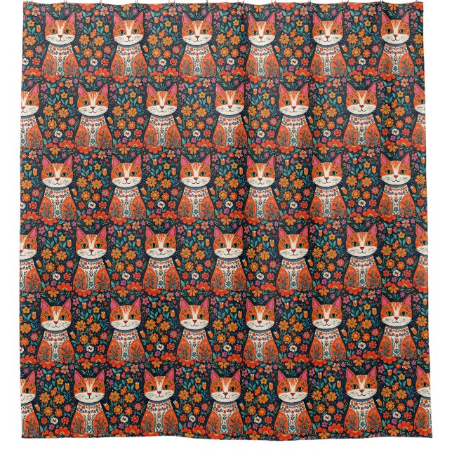 Rideaux De Douche Art populaire Whimsical Chat et Fleurs (Devant)