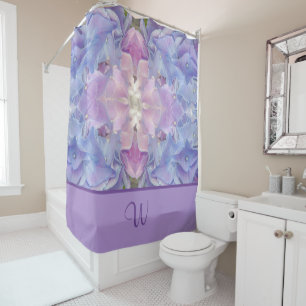 Rideaux De Douche Arty Blue Purple Lavender rose Floral Monogramme
