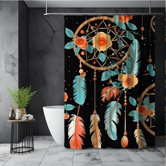 Rideaux De Douche Attrape-rêves fantaisiste boho floral sombre noir  (Créateur téléchargé)