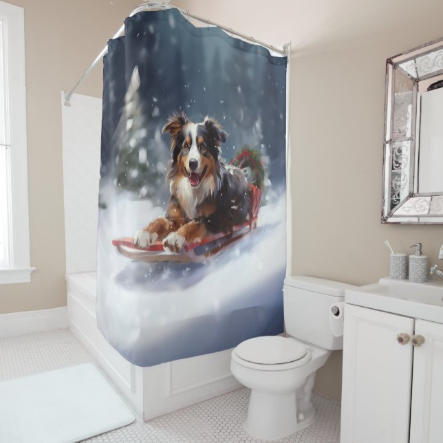 Rideaux De Douche Australian Shepherd hiver neige de Noël (En situation)