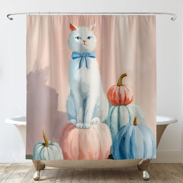 Rideaux De Douche Automne Chat blanc avec Citrouille (Créateur téléchargé)