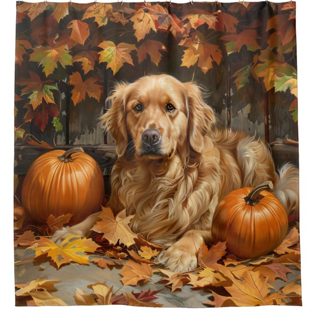 Rideaux De Douche Automne Golden Retriever Automne Citrouilles (Devant)