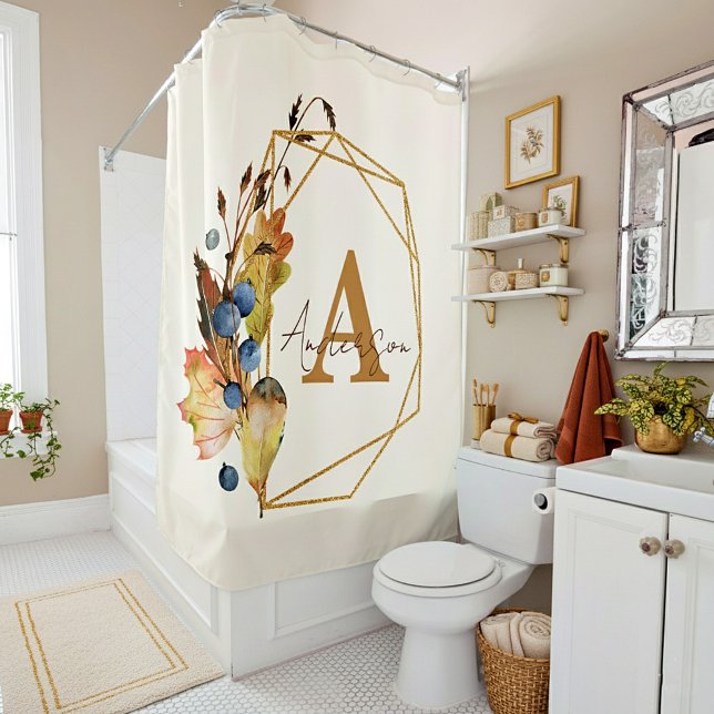 Rideaux De Douche Autumn leaves and gold frame personalized  (Créateur téléchargé)