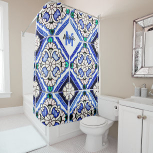 Rideaux De Douche Azulejo Motif espagnol Carreaux marine Monogramme