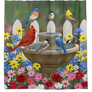 Rideaux De Douche Bain d'oiseaux coloré du jardin de printemps