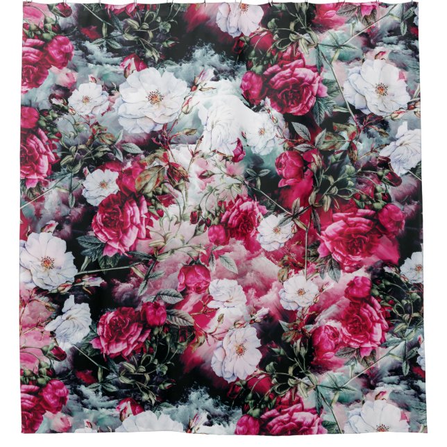 Rideaux De Douche Bain noir blanc mauve rose floral de roses (Devant)