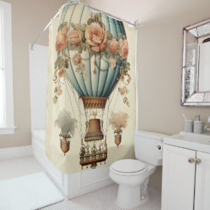 Rideaux De Douche Ballon vintage Steampunk Floral Blue Hot Air