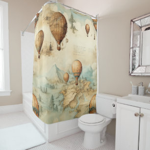 Rideaux De Douche Balloon vintage à air chaud dans un paysage serein