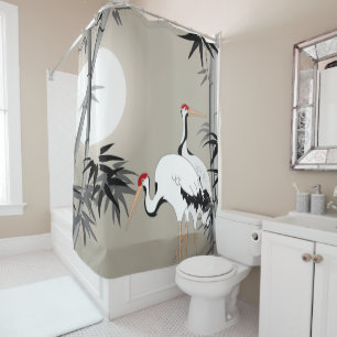 Rideaux De Douche Bambou oriental et grues au coucher du soleil