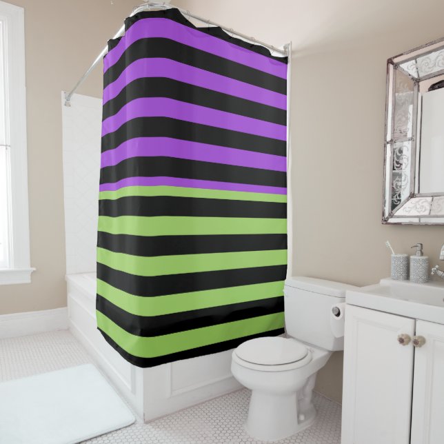 Rideaux De Douche Bande verte violette et noire d'Halloween (En situation)