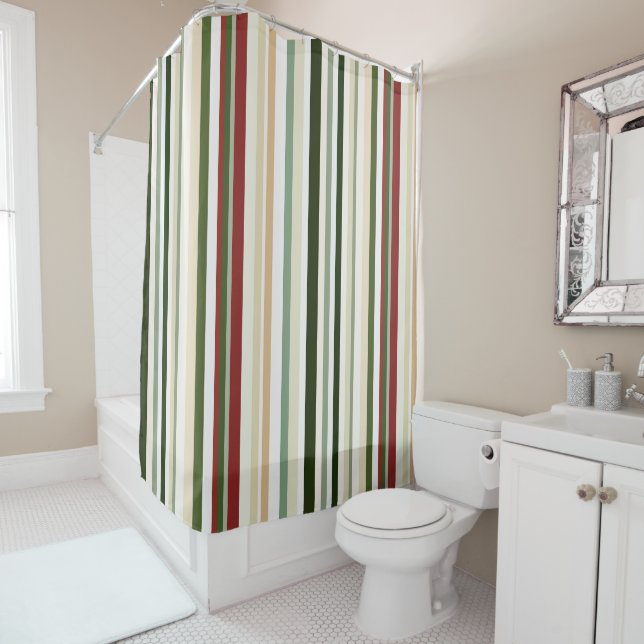 Rideaux De Douche Bandes d'olivier, de vert et de rouge (En situation)