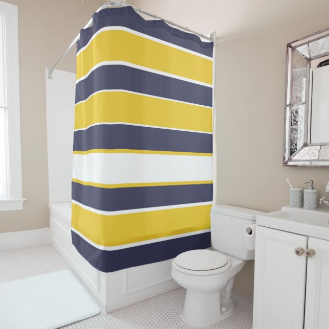 Rideaux De Douche Bandes horizontales, jaune moutarde, bleu marine,  (En situation)