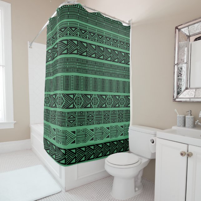 Rideaux De Douche Bandes Motifs modernes Boho noir et vert (En situation)