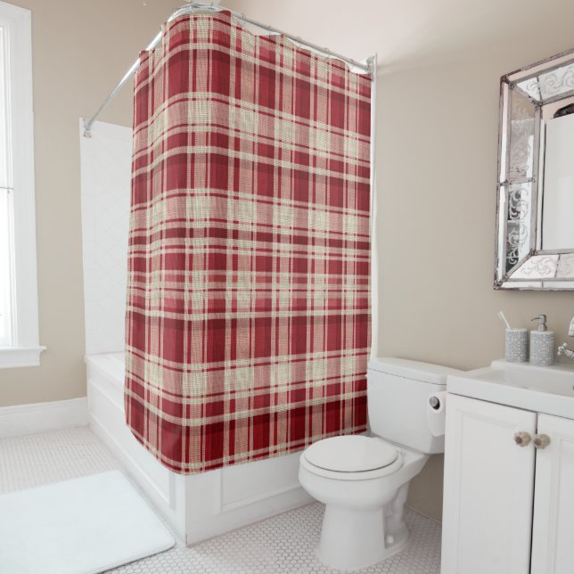 Rideaux De Douche Bandes Plaid Crème Rouge (En situation)