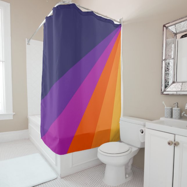 Rideaux De Douche Bandes rétro en diagonale violette et orange (En situation)