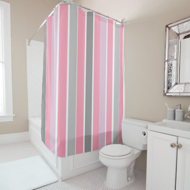 Rideaux De Douche Bandes roses et gris (En situation)