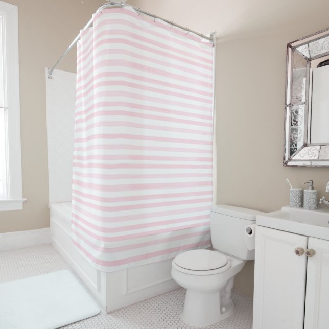 Rideaux De Douche Bandes simples roses et blanches (En situation)