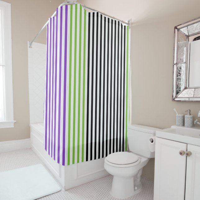 Rideaux De Douche Bandes violet vert noir (En situation)