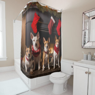 Rideaux De Douche Basenji au coin du feu de Noël