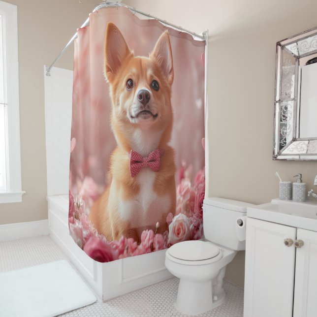 Rideaux De Douche Basenji avec Rose - Saint Valentin (En situation)