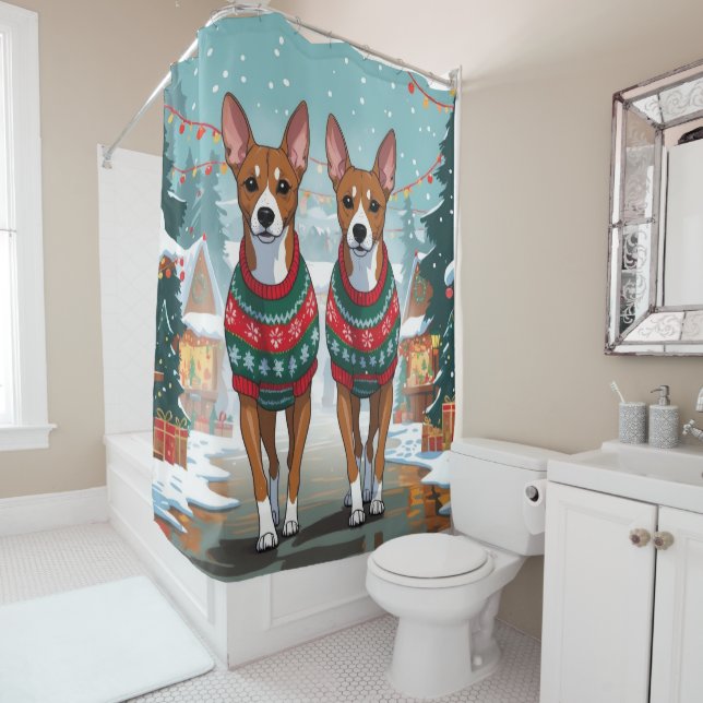 Rideaux De Douche Basenji Dogs Christmas Snow Holiday  (En situation)