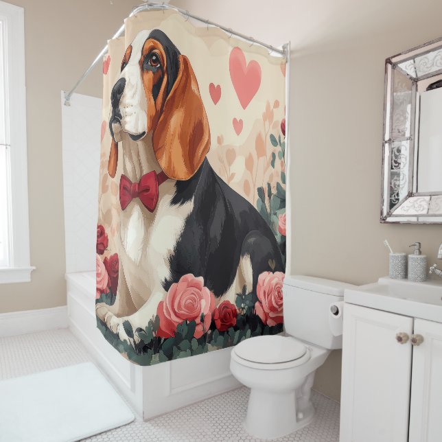 Rideaux De Douche Basset Hound avec Roses - Saint Valentin (En situation)