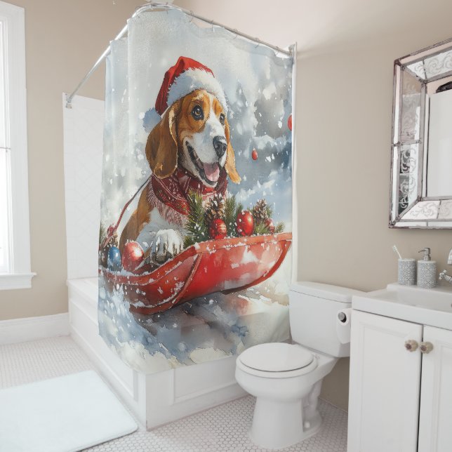 Rideaux De Douche Basset Hound Dog in Sledge Let it Neige Noël (En situation)