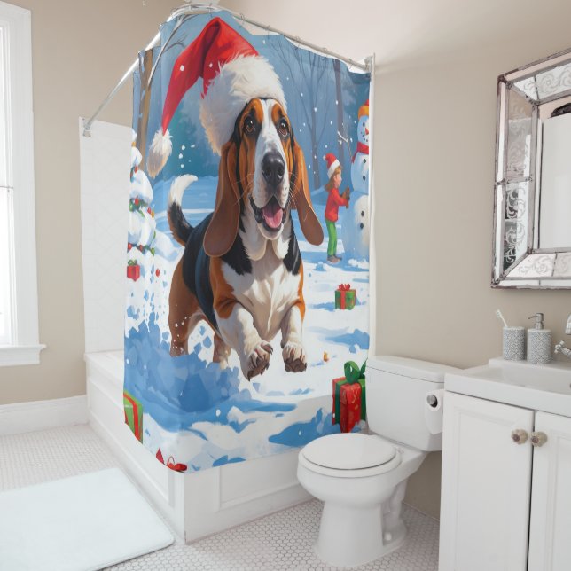 Rideaux De Douche Basset Hound Festive de Noël Scène de neige (En situation)