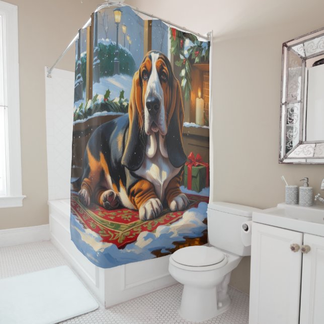 Rideaux De Douche Basset Hound With Christmas Lights Holiday  (En situation)