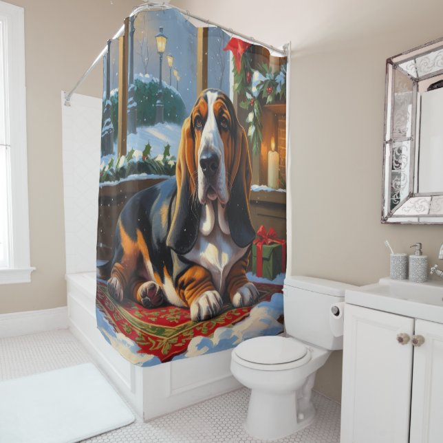 Rideaux De Douche Basset Hound With Christmas Lights Holiday  (En situation)
