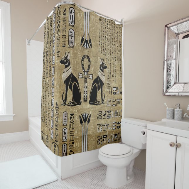 Rideaux De Douche Bastet - Chats Égyptiens Et Croix D'Ankh (En situation)