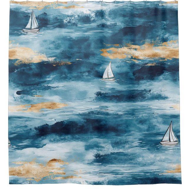 Rideaux De Douche Bateau à voile sarcelle bleu motif vague côtière (Devant)