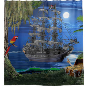 Rideaux De Douche Bateau de pirate éclairé par la lune mystique
