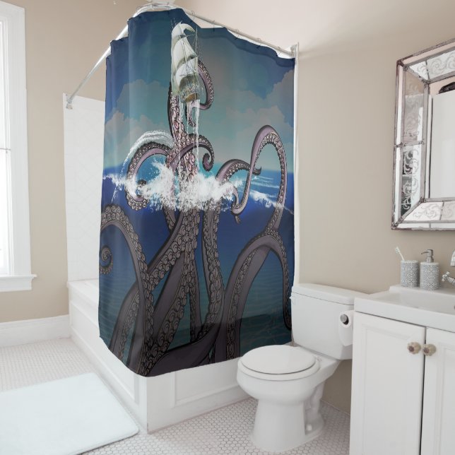 Rideaux De Douche Bateau pirate attaqué par le géant Kraken (En situation)