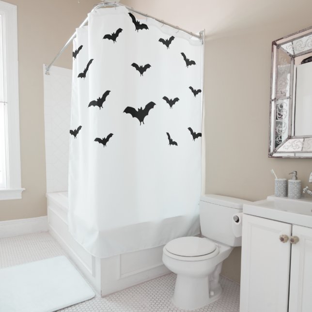 Rideaux De Douche Bats noirs et blanc mignon Halloween chic (En situation)