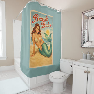 Rideaux De Douche Beach Babe Pin-Up Mermaid -Retro Coastal Teal Blue