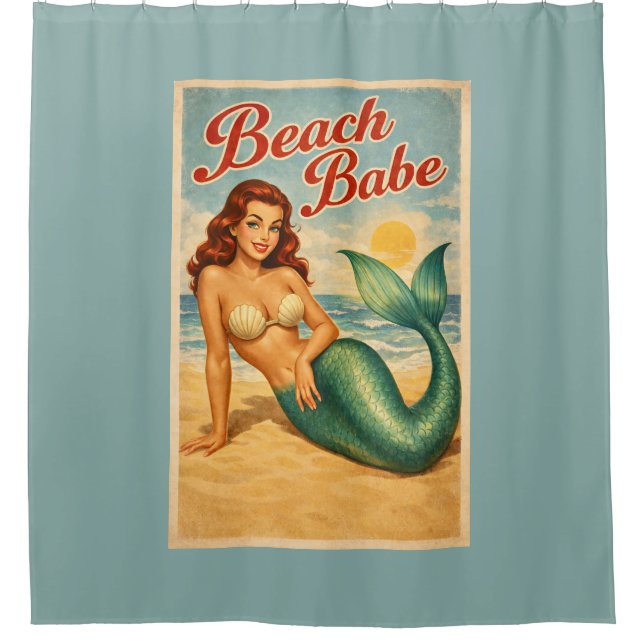 Rideaux De Douche Beach Babe Pin-Up Mermaid -Retro Coastal Teal Blue (Devant)