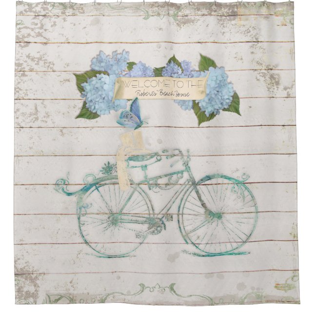 Rideaux De Douche Beach Guest House Shiplap Wood Hydrangea Bicyclett (Devant)